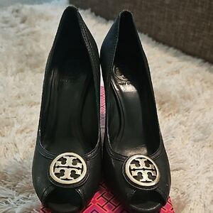 Black Peep-Toe Heels with Gold Accent